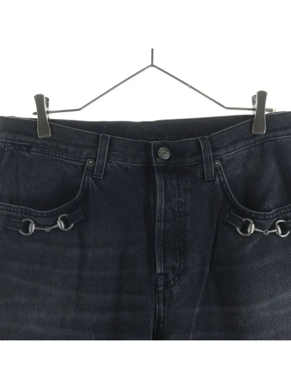 Gucci Cotton Denim Pants with Horsebit Detail Button Fly Black